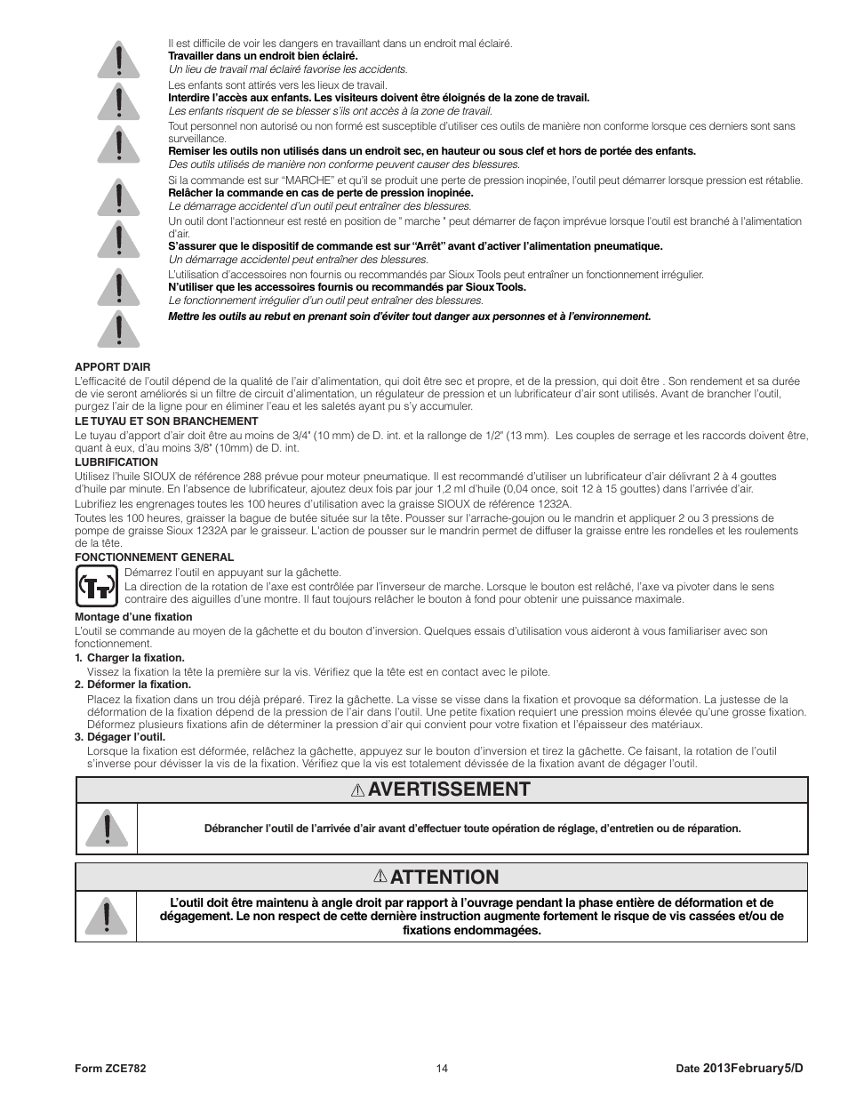 Attention, Avertissement | Sioux Tools SCN CLINCH NUT TOOLS User Manual | Page 14 / 29