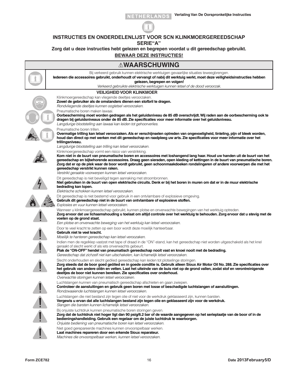 Waarschuwing | Sioux Tools SCN CLINCH NUT TOOLS User Manual | Page 16 / 29