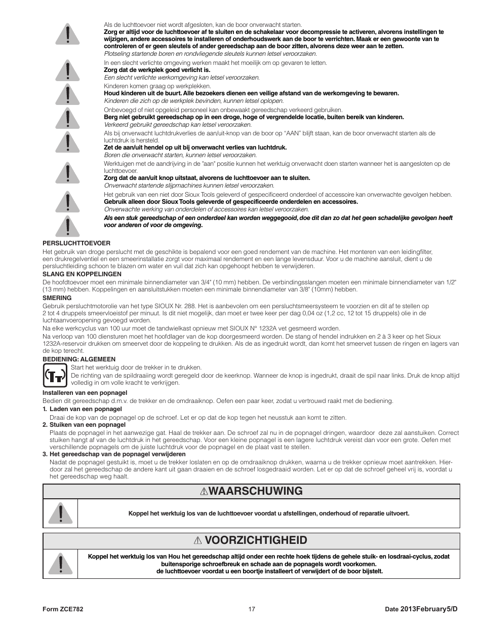 Voorzichtigheid, Waarschuwing | Sioux Tools SCN CLINCH NUT TOOLS User Manual | Page 17 / 29