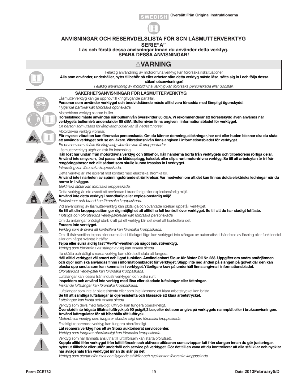Varning | Sioux Tools SCN CLINCH NUT TOOLS User Manual | Page 19 / 29