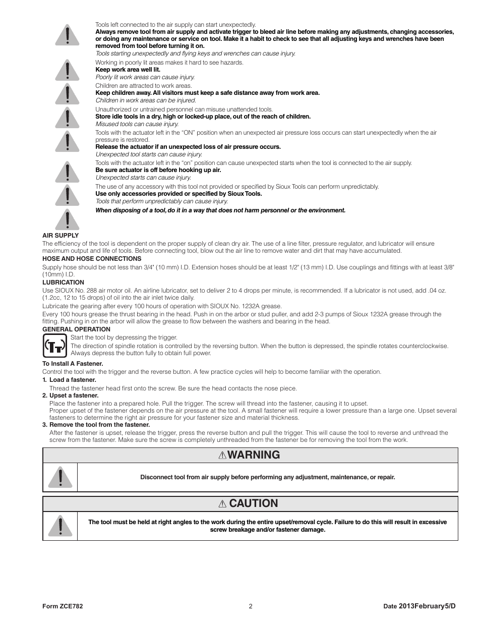 Warning, Caution | Sioux Tools SCN CLINCH NUT TOOLS User Manual | Page 2 / 29