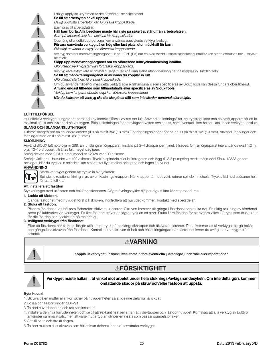 Försiktighet, Varning | Sioux Tools SCN CLINCH NUT TOOLS User Manual | Page 20 / 29