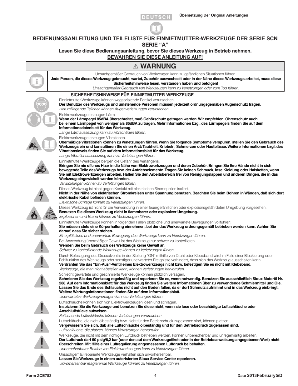 Warnung | Sioux Tools SCN CLINCH NUT TOOLS User Manual | Page 4 / 29