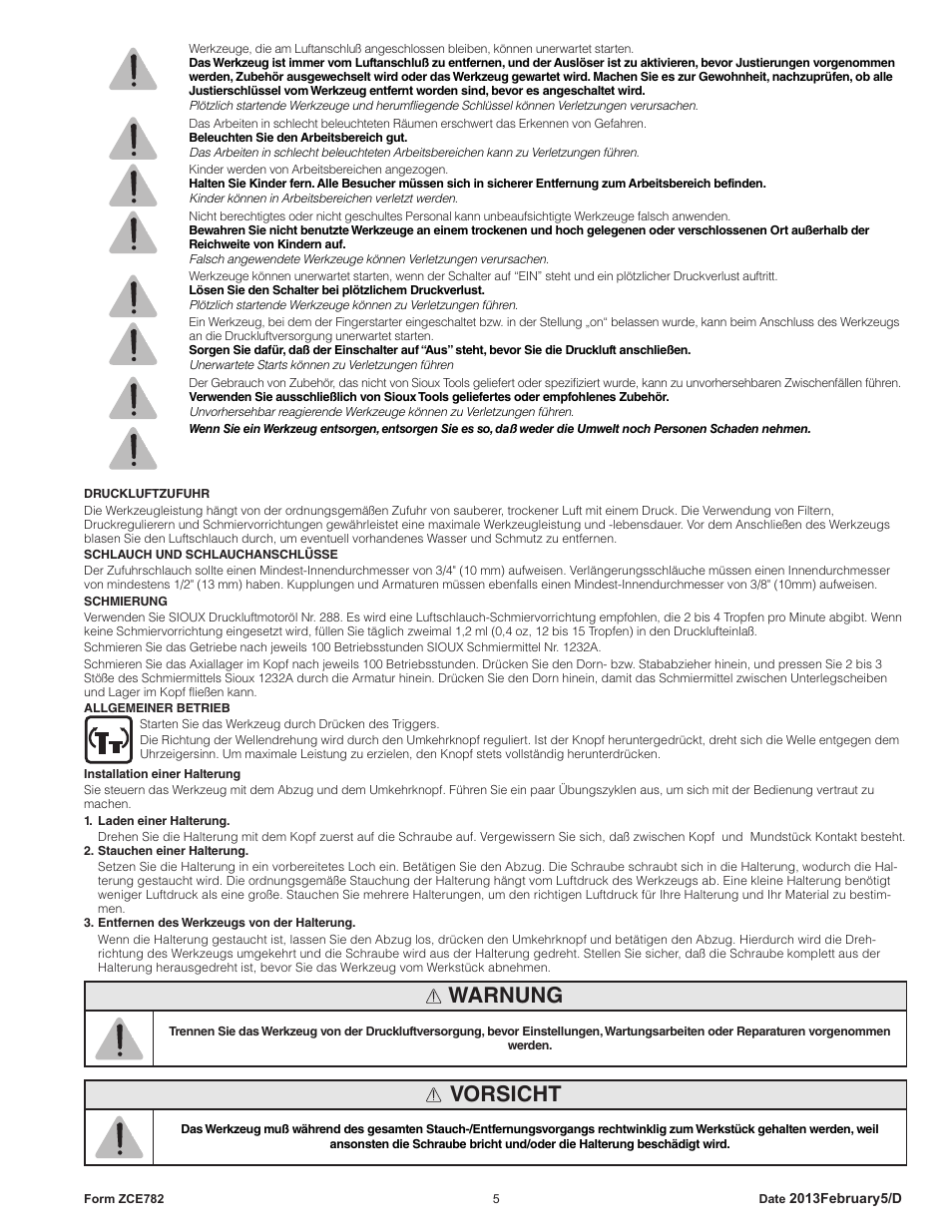 Warnung, Vorsicht | Sioux Tools SCN CLINCH NUT TOOLS User Manual | Page 5 / 29