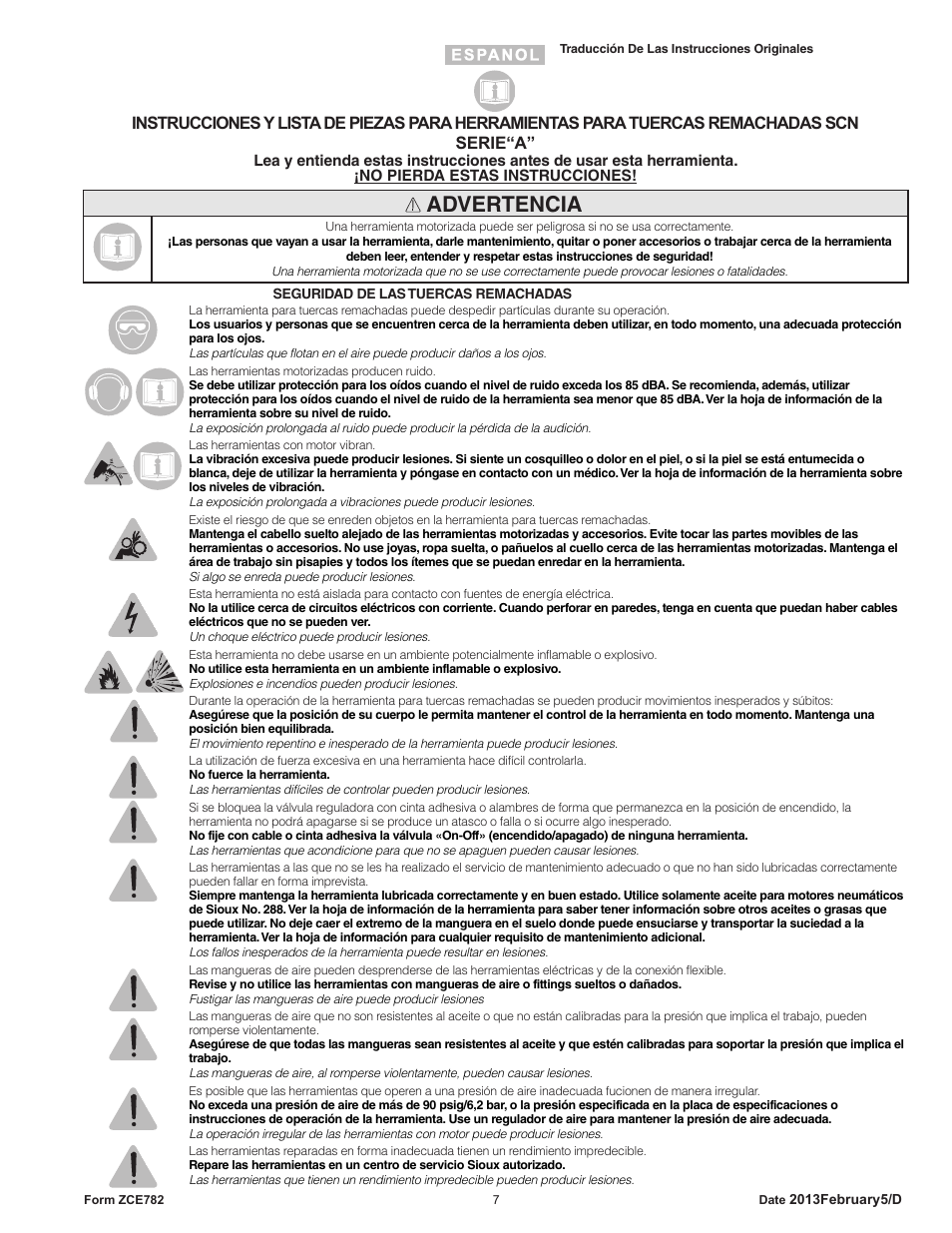 Advertencia | Sioux Tools SCN CLINCH NUT TOOLS User Manual | Page 7 / 29