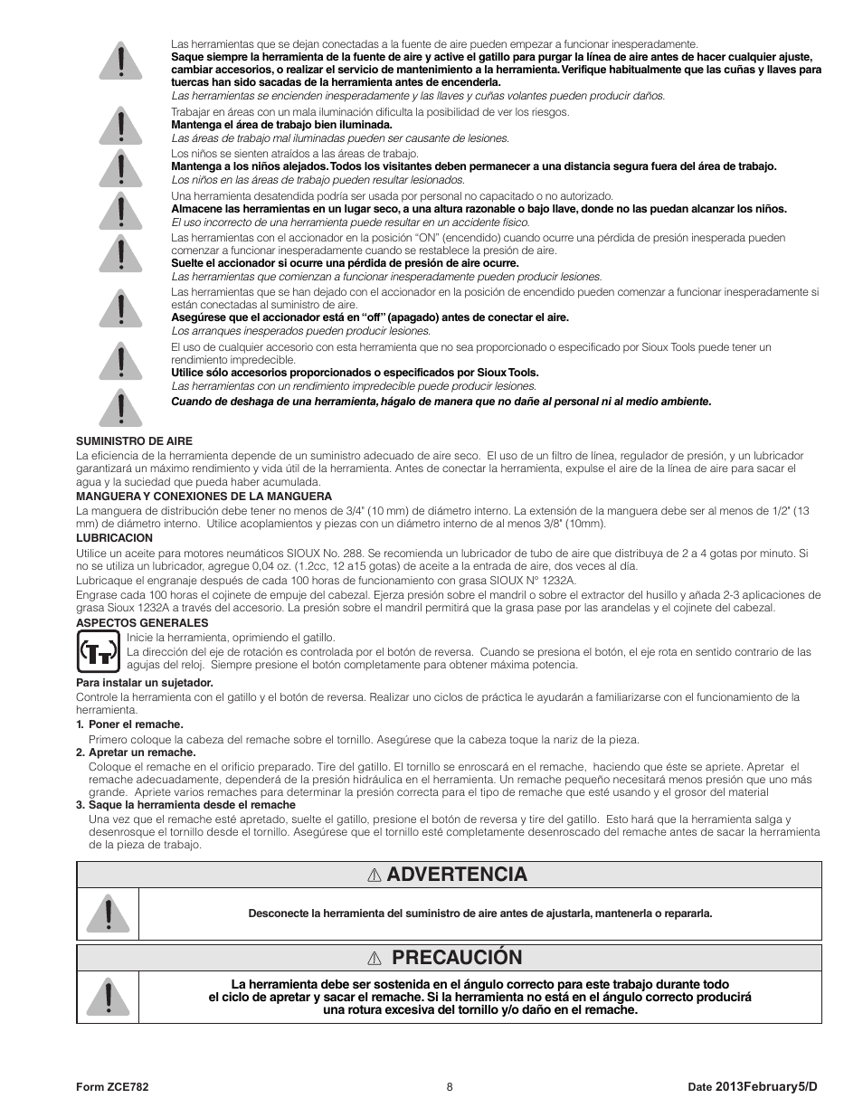 Advertencia, Precaución | Sioux Tools SCN CLINCH NUT TOOLS User Manual | Page 8 / 29