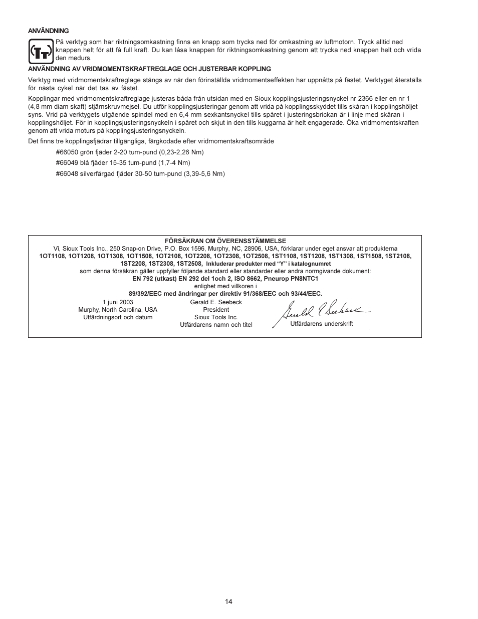 Sioux Tools PUSH TO START TOOLS User Manual | Page 14 / 21