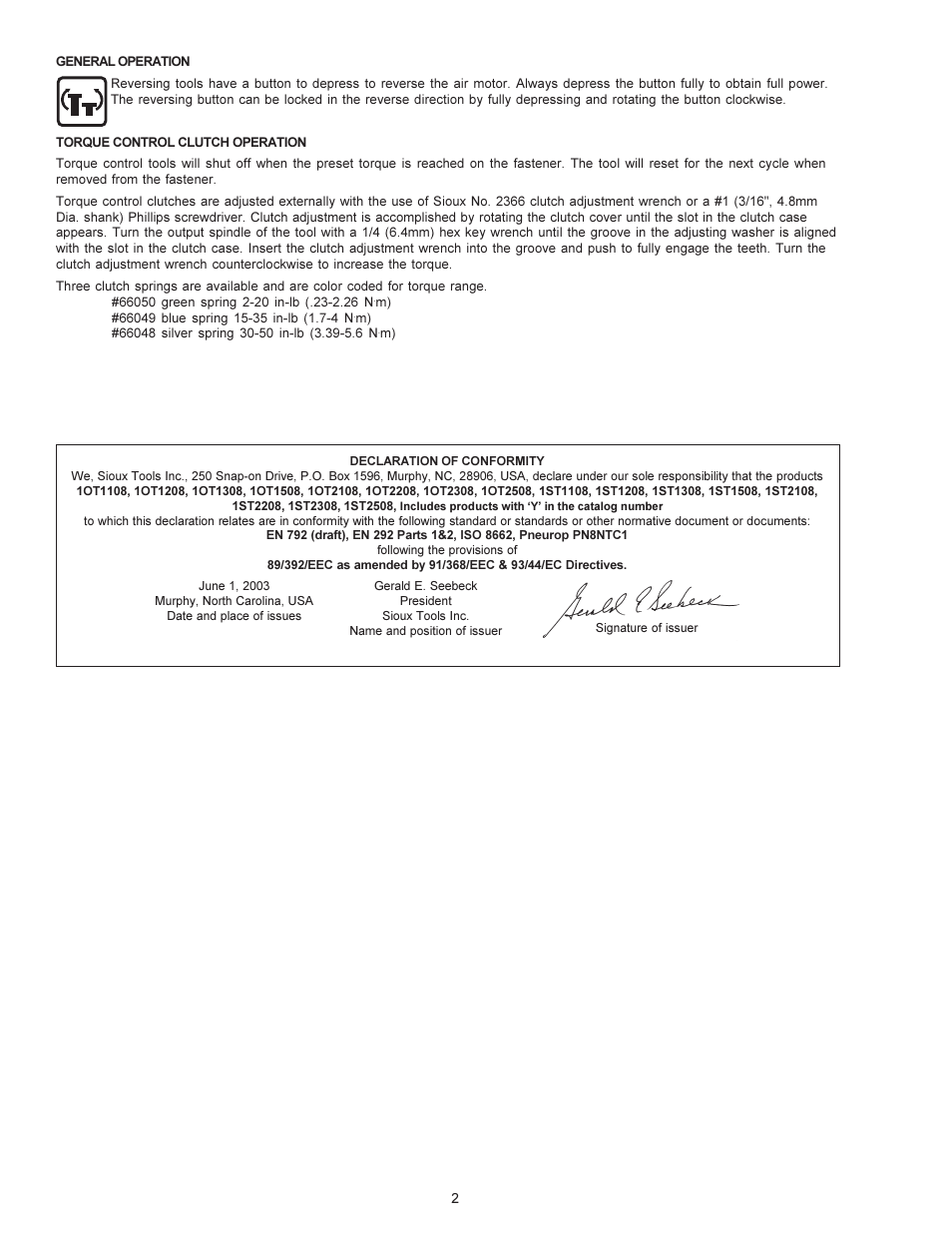 Sioux Tools PUSH TO START TOOLS User Manual | Page 2 / 21