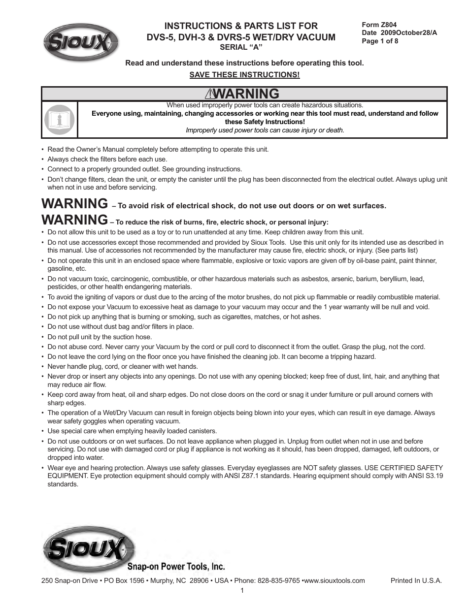 Sioux Tools DVRS-5 User Manual | 9 pages