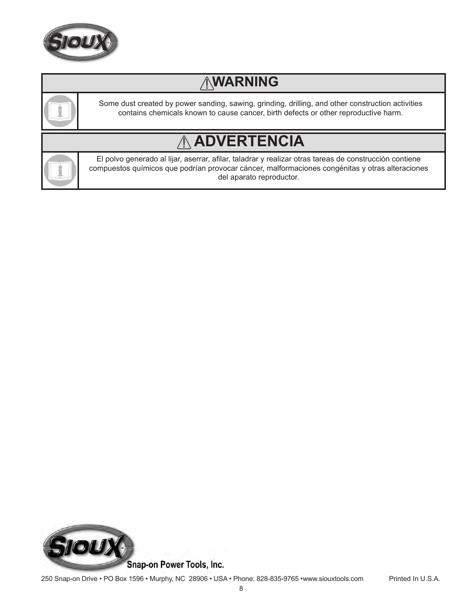 Advertencia, Warning | Sioux Tools DVRS-5 User Manual | Page 8 / 9