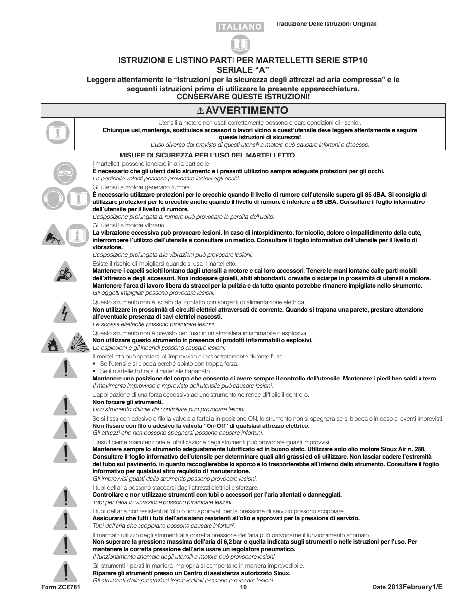 Avvertimento | Sioux Tools STP10 User Manual | Page 10 / 25