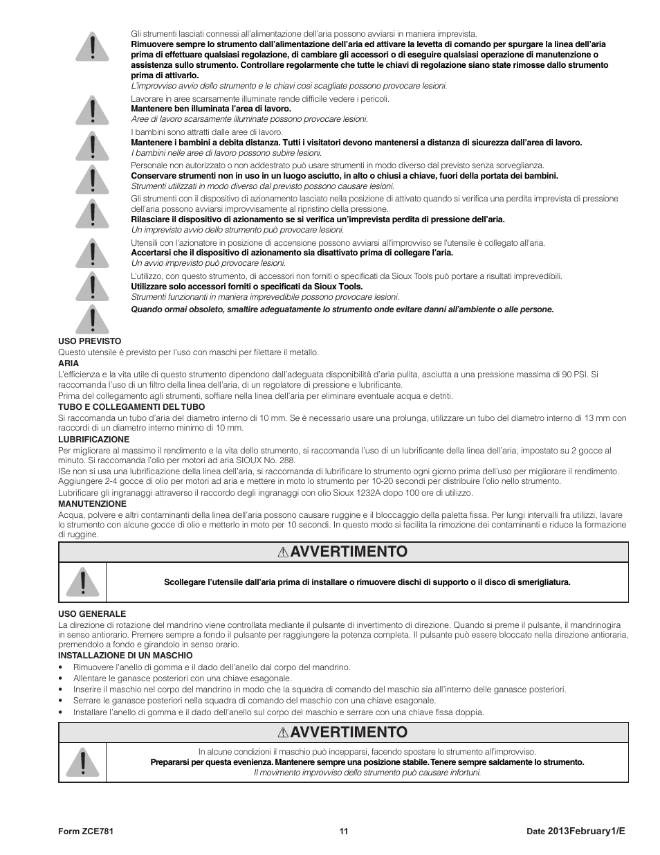 Avvertimento | Sioux Tools STP10 User Manual | Page 11 / 25