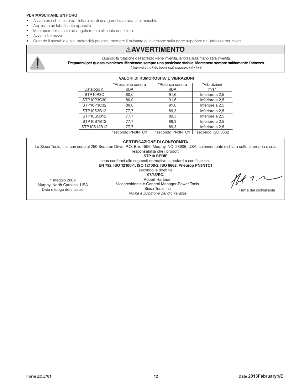 Avvertimento | Sioux Tools STP10 User Manual | Page 12 / 25