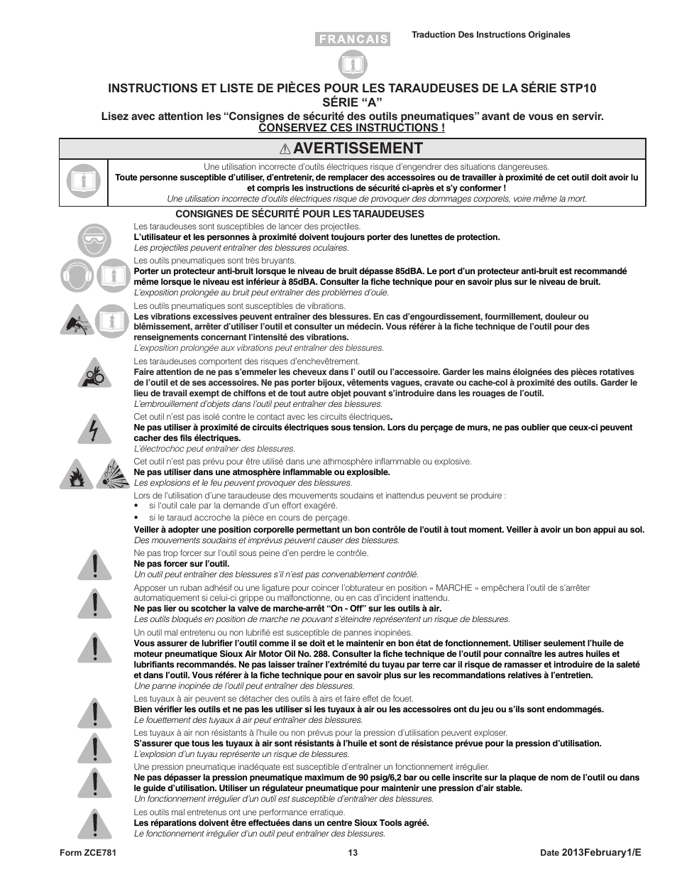 Avertissement | Sioux Tools STP10 User Manual | Page 13 / 25