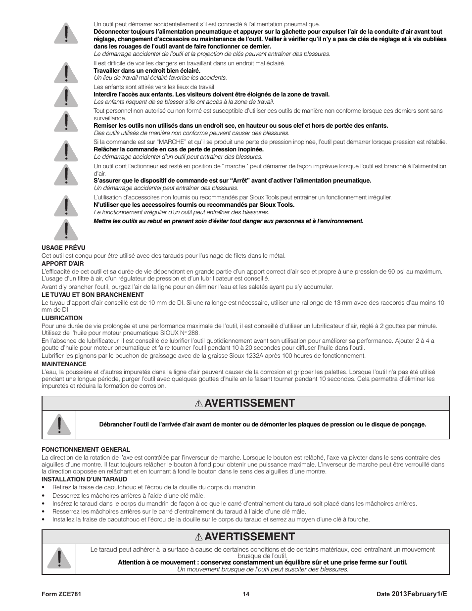 Avertissement | Sioux Tools STP10 User Manual | Page 14 / 25