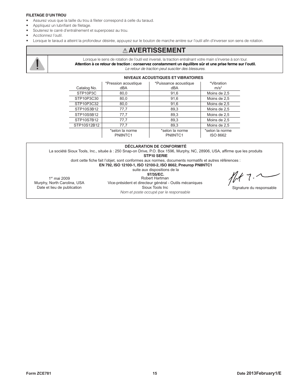 Avertissement | Sioux Tools STP10 User Manual | Page 15 / 25