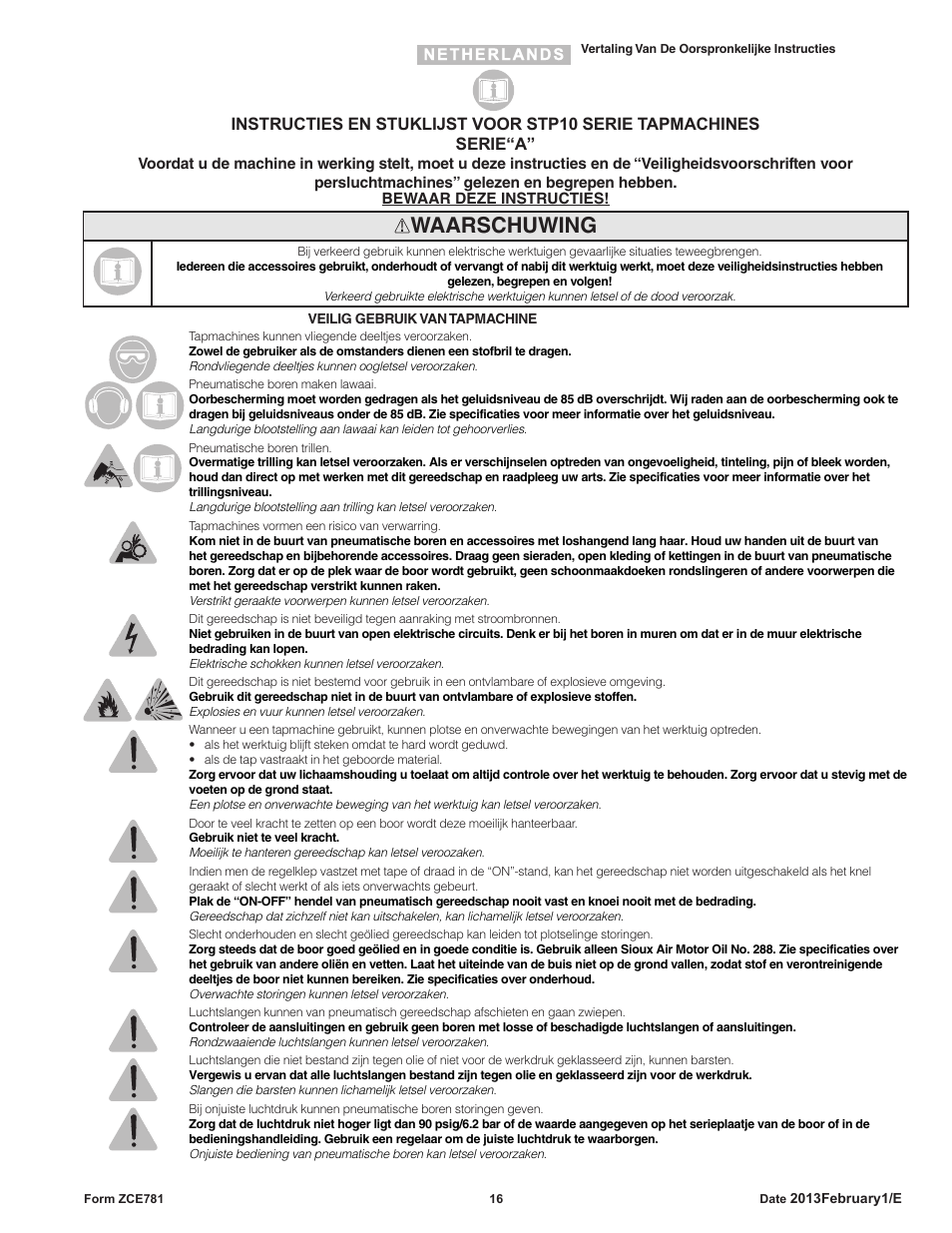 Waarschuwing | Sioux Tools STP10 User Manual | Page 16 / 25