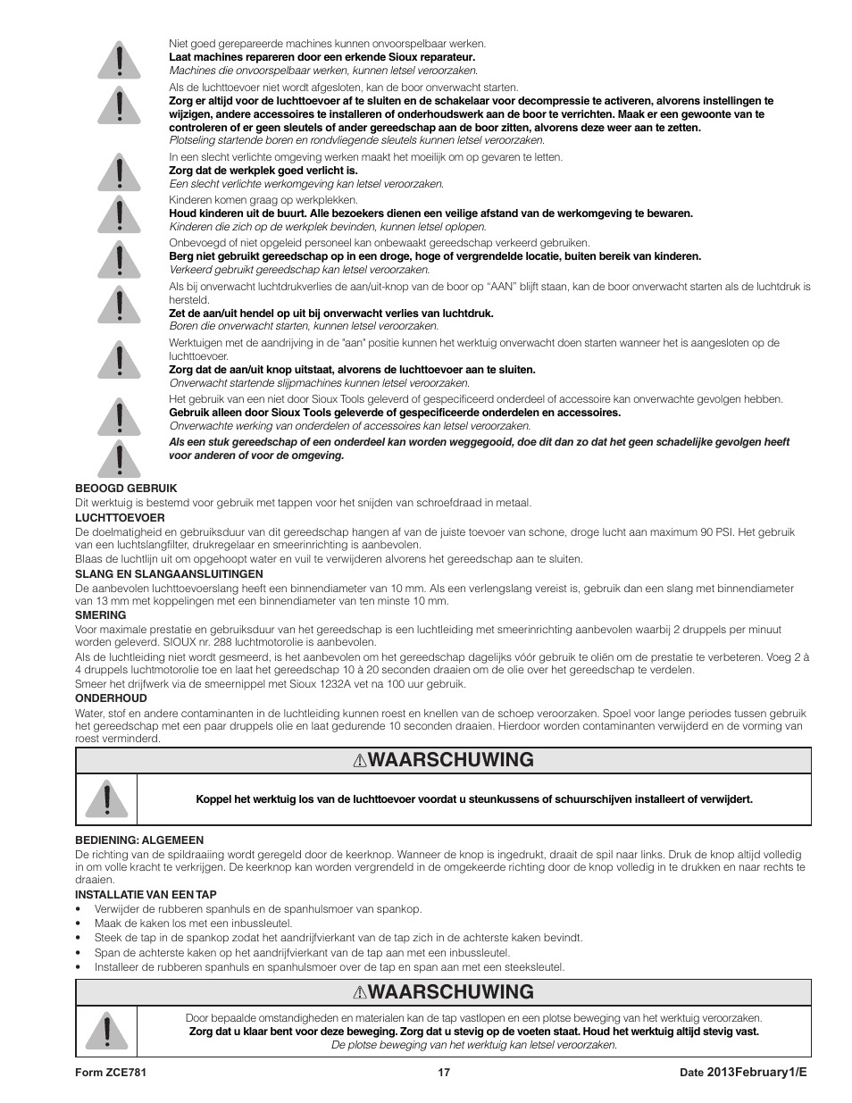 Waarschuwing | Sioux Tools STP10 User Manual | Page 17 / 25