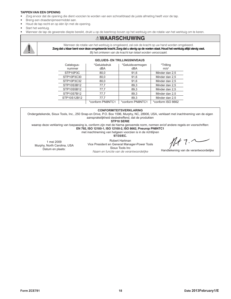 Waarschuwing | Sioux Tools STP10 User Manual | Page 18 / 25