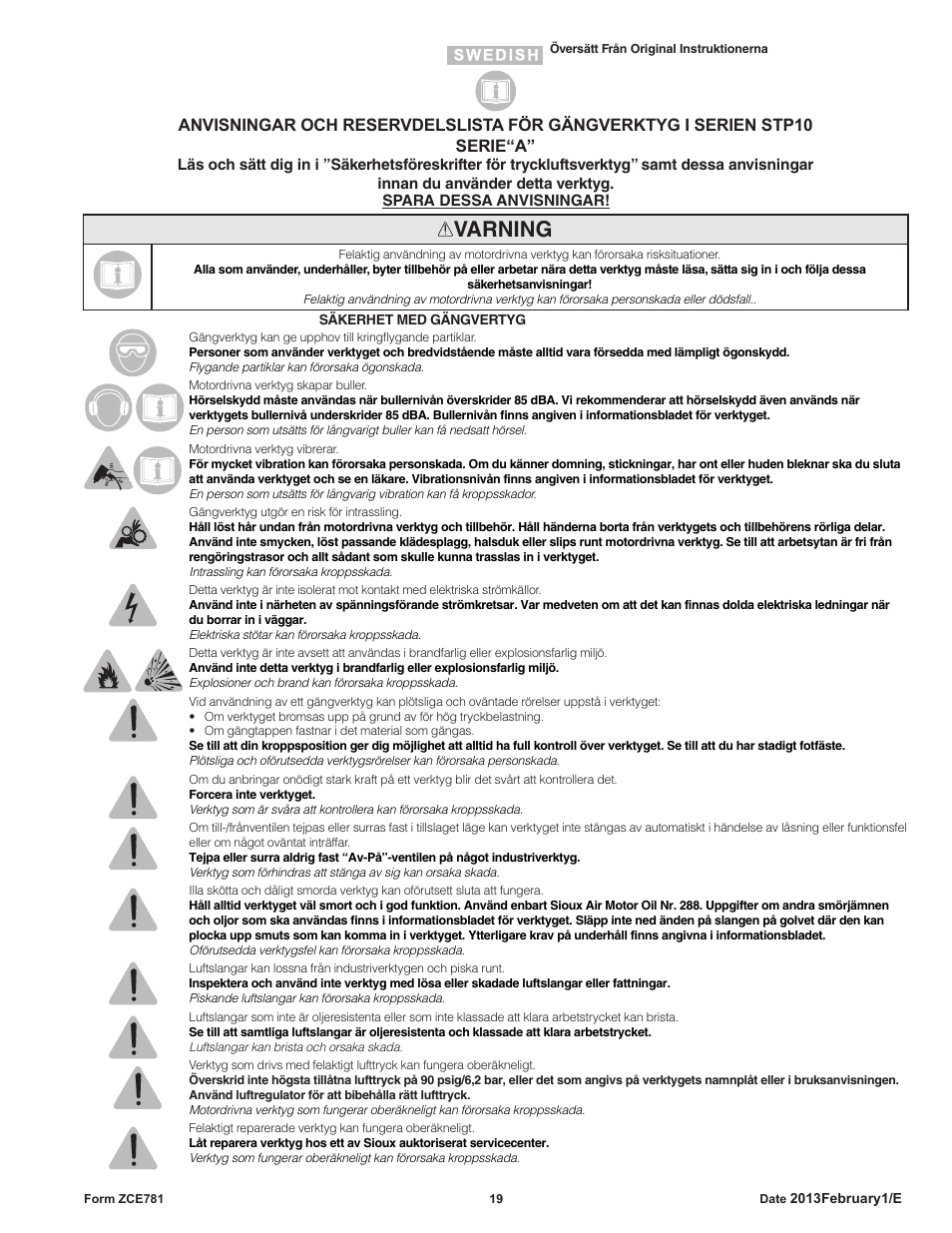 Varning | Sioux Tools STP10 User Manual | Page 19 / 25