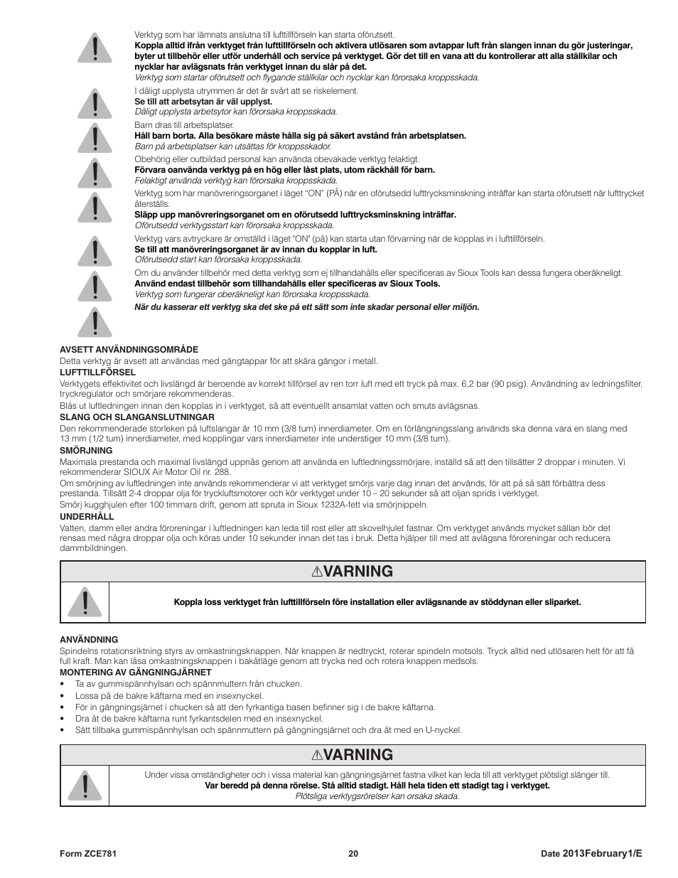 Varning | Sioux Tools STP10 User Manual | Page 20 / 25