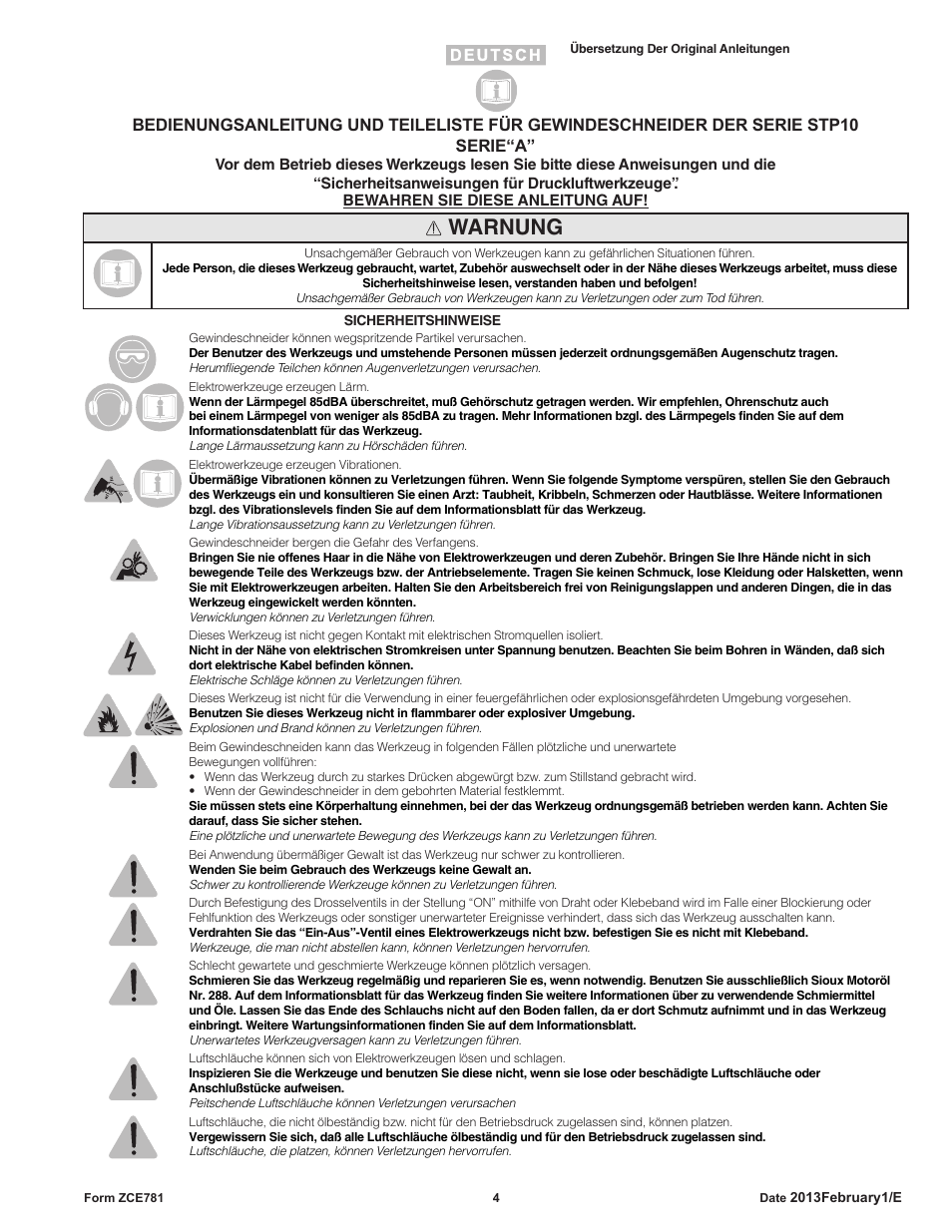 Warnung | Sioux Tools STP10 User Manual | Page 4 / 25