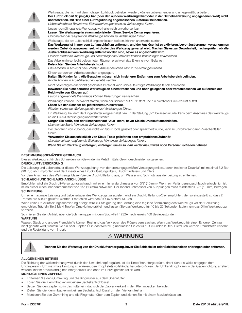 Warnung | Sioux Tools STP10 User Manual | Page 5 / 25