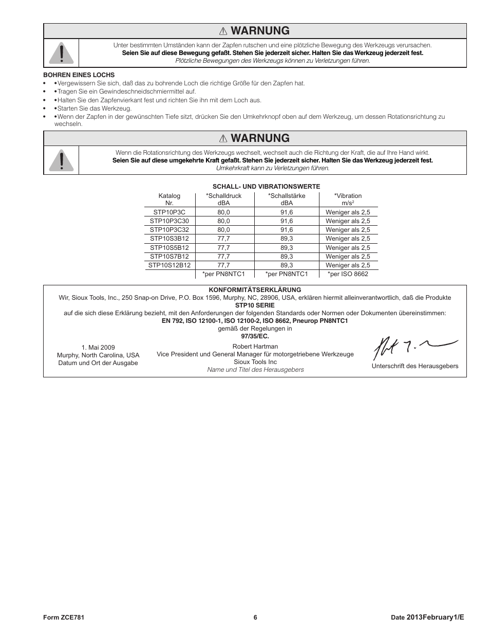 Warnung | Sioux Tools STP10 User Manual | Page 6 / 25