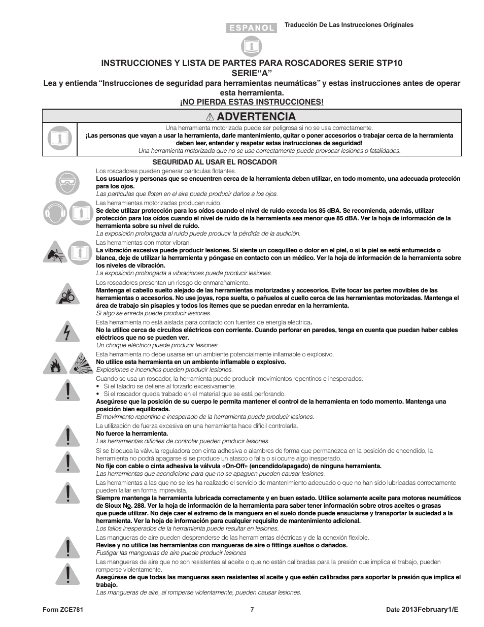 Advertencia | Sioux Tools STP10 User Manual | Page 7 / 25