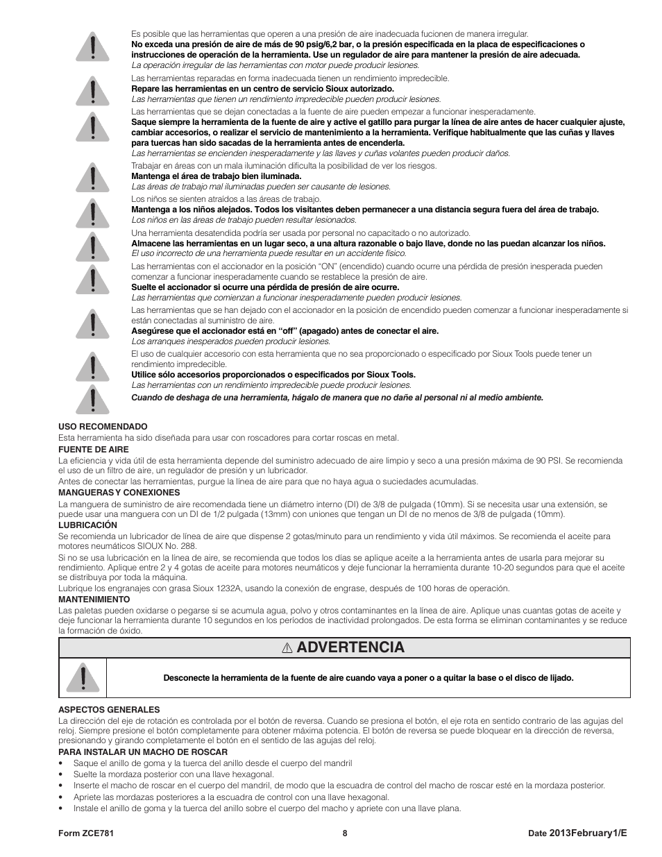 Advertencia | Sioux Tools STP10 User Manual | Page 8 / 25