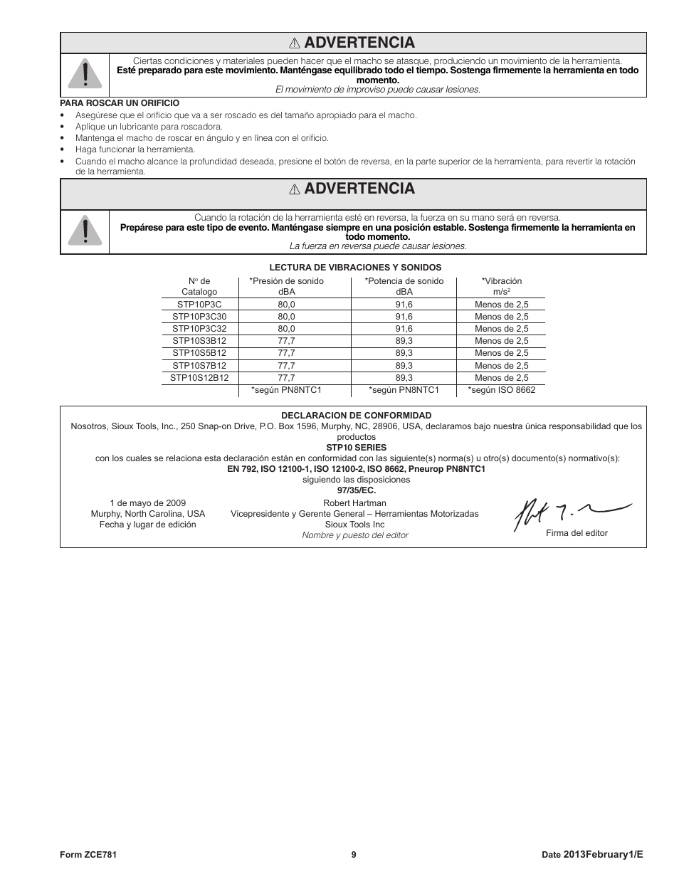 Advertencia | Sioux Tools STP10 User Manual | Page 9 / 25