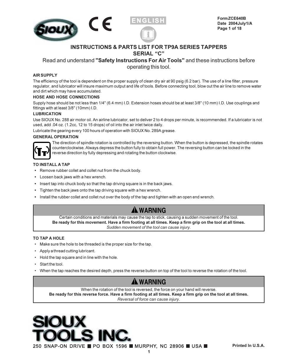 Sioux Tools TP9A User Manual | 19 pages