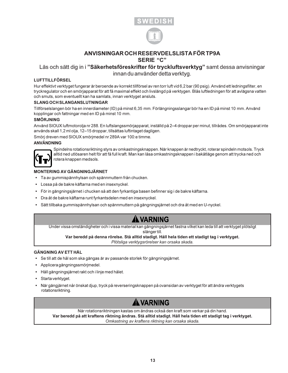 Sioux Tools TP9A User Manual | Page 13 / 19
