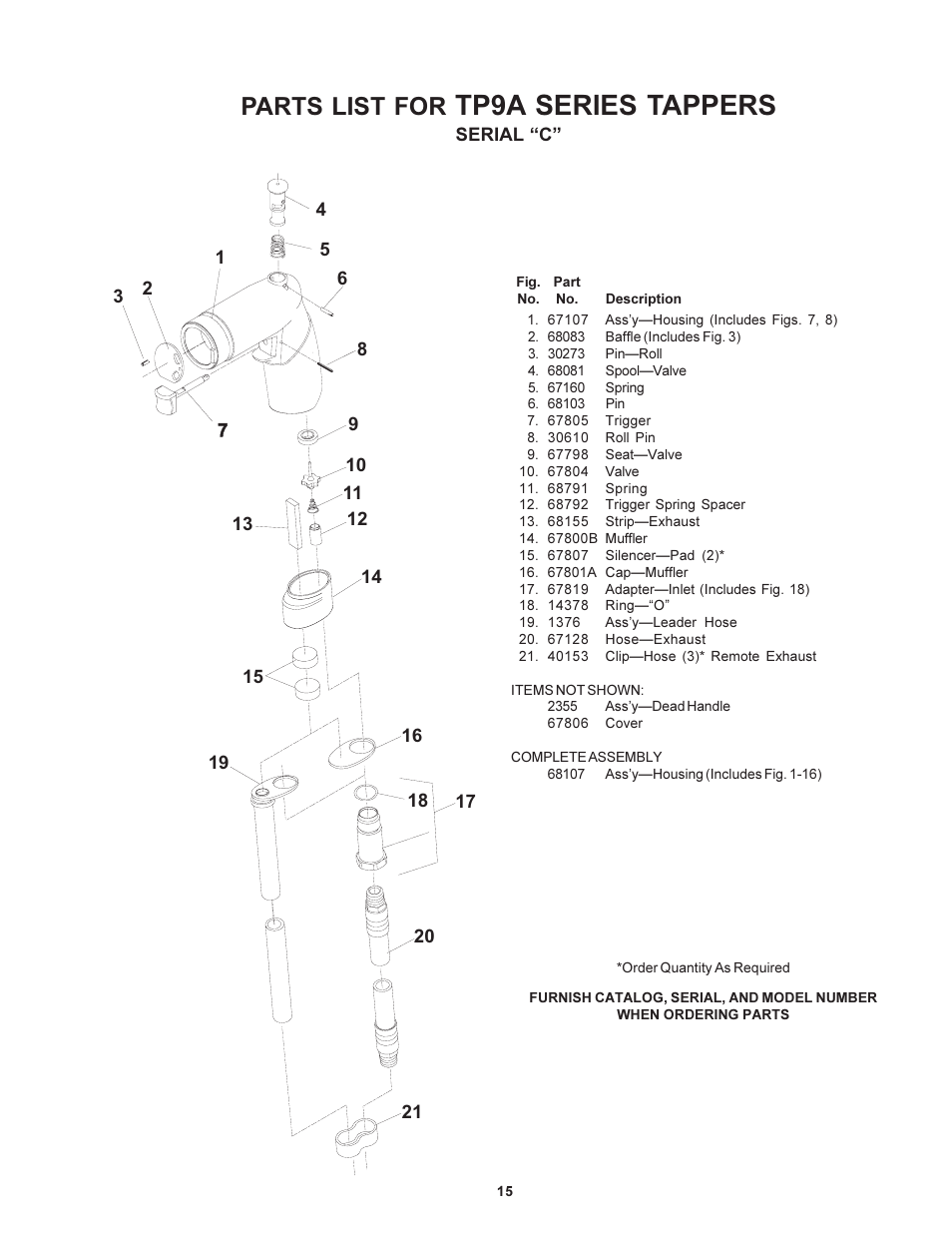 Tp9a series tappers, Parts list for | Sioux Tools TP9A User Manual | Page 15 / 19