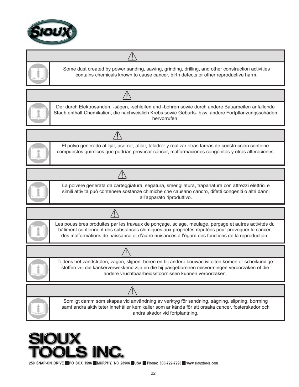 Advertencia, Avertissement, Opgepast | Varning, Warnung, Attenzione, Warning | Sioux Tools 1OM User Manual | Page 22 / 23