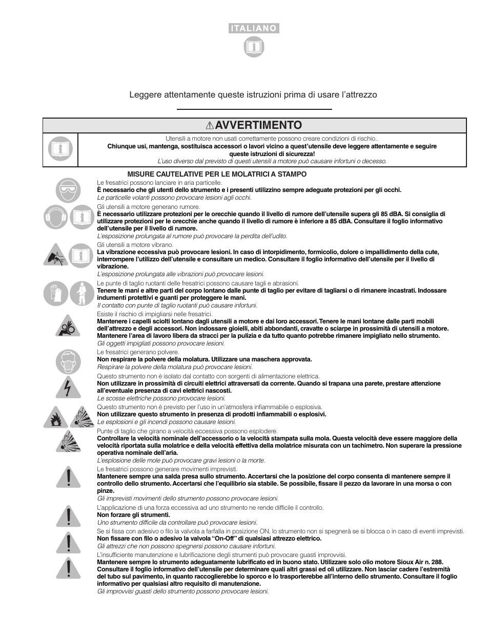 Avvertimento | Sioux Tools SRT10S User Manual | Page 10 / 27