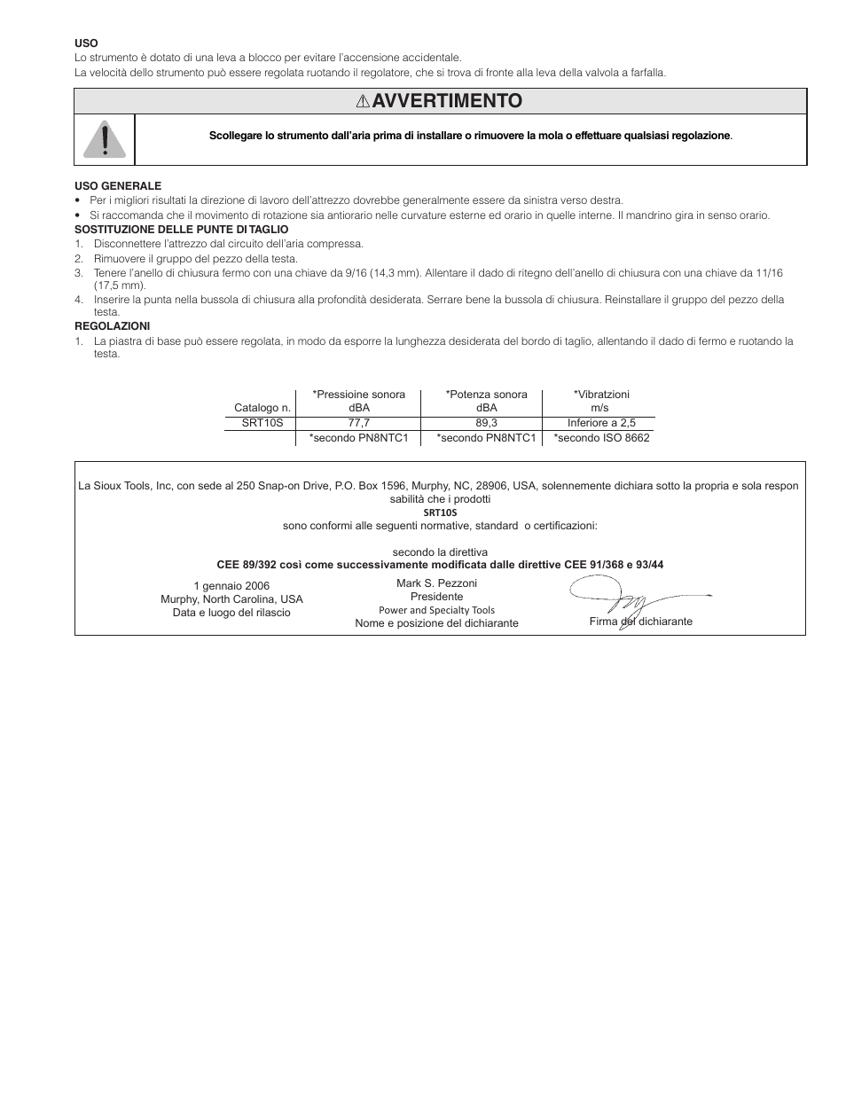 Avvertimento | Sioux Tools SRT10S User Manual | Page 12 / 27