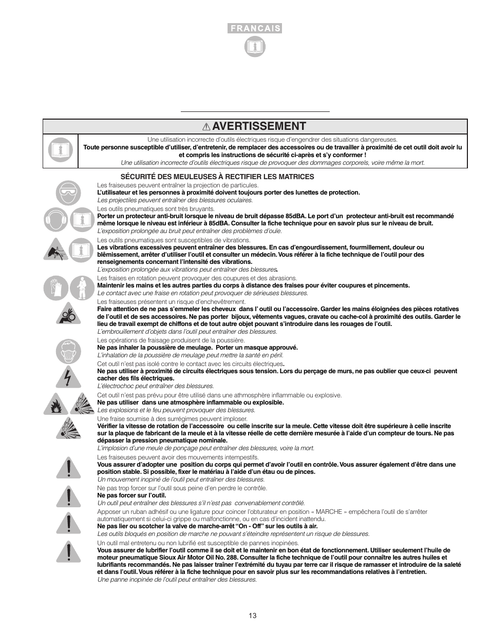 Avertissement | Sioux Tools SRT10S User Manual | Page 13 / 27