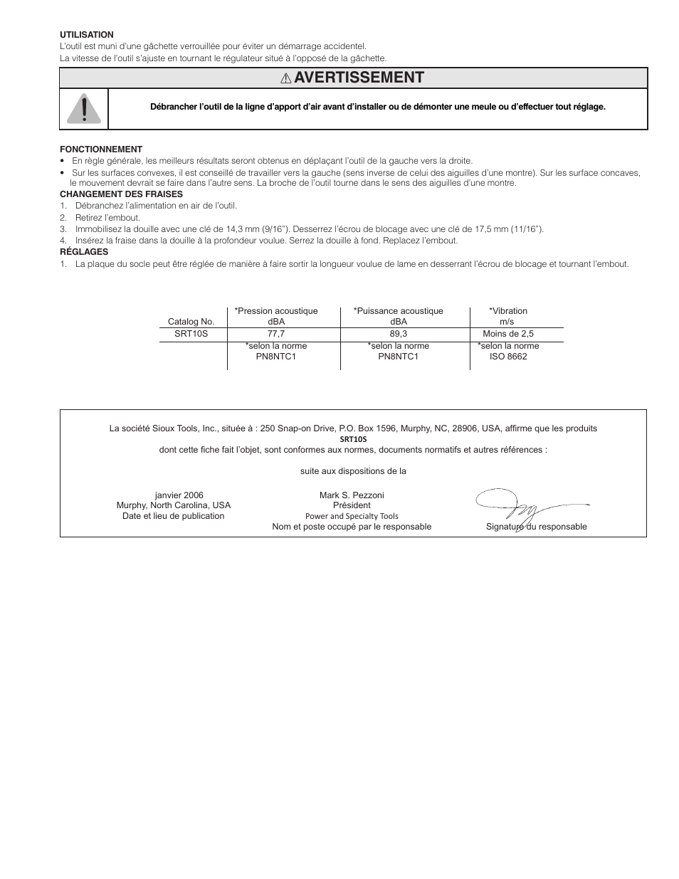 Avertissement | Sioux Tools SRT10S User Manual | Page 15 / 27