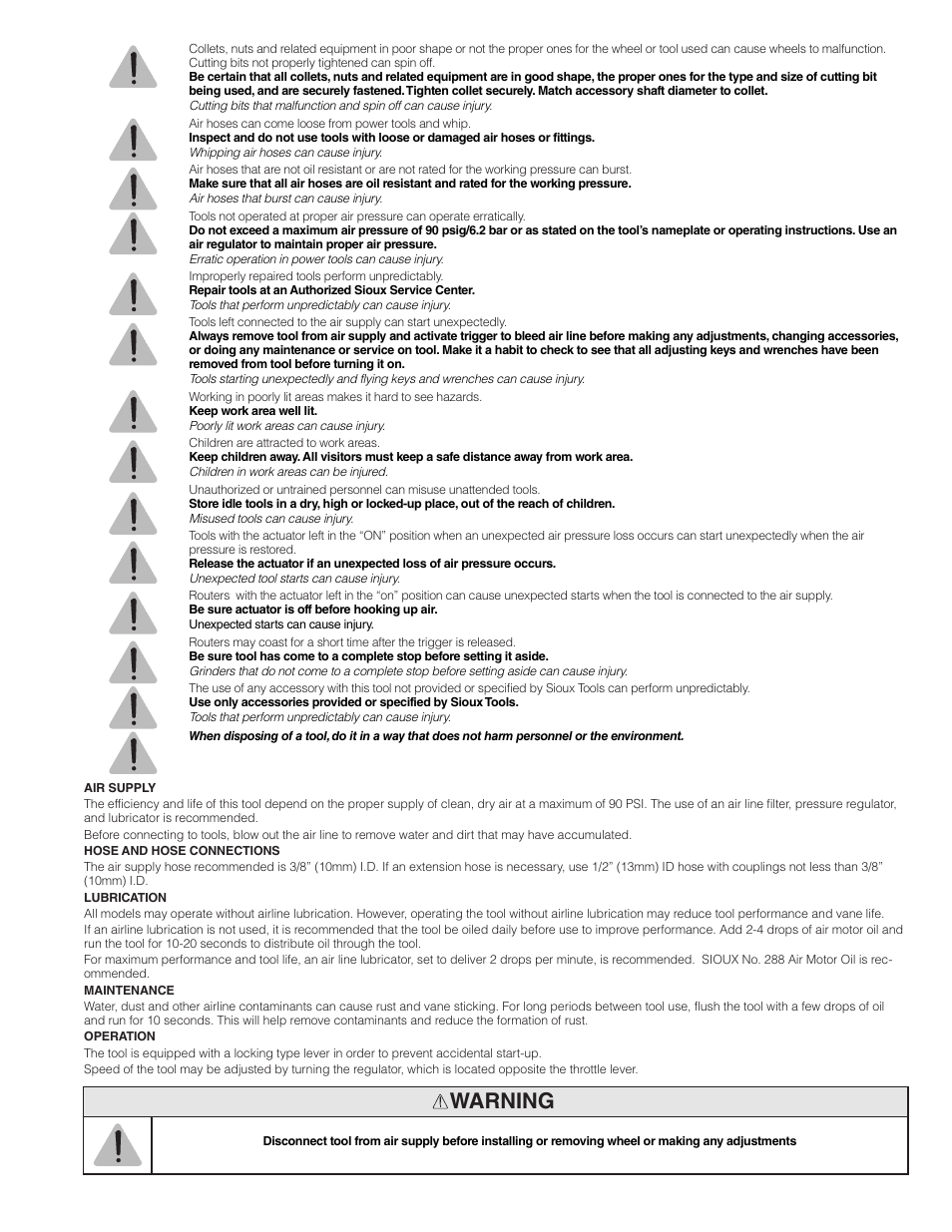 Warning | Sioux Tools SRT10S User Manual | Page 2 / 27