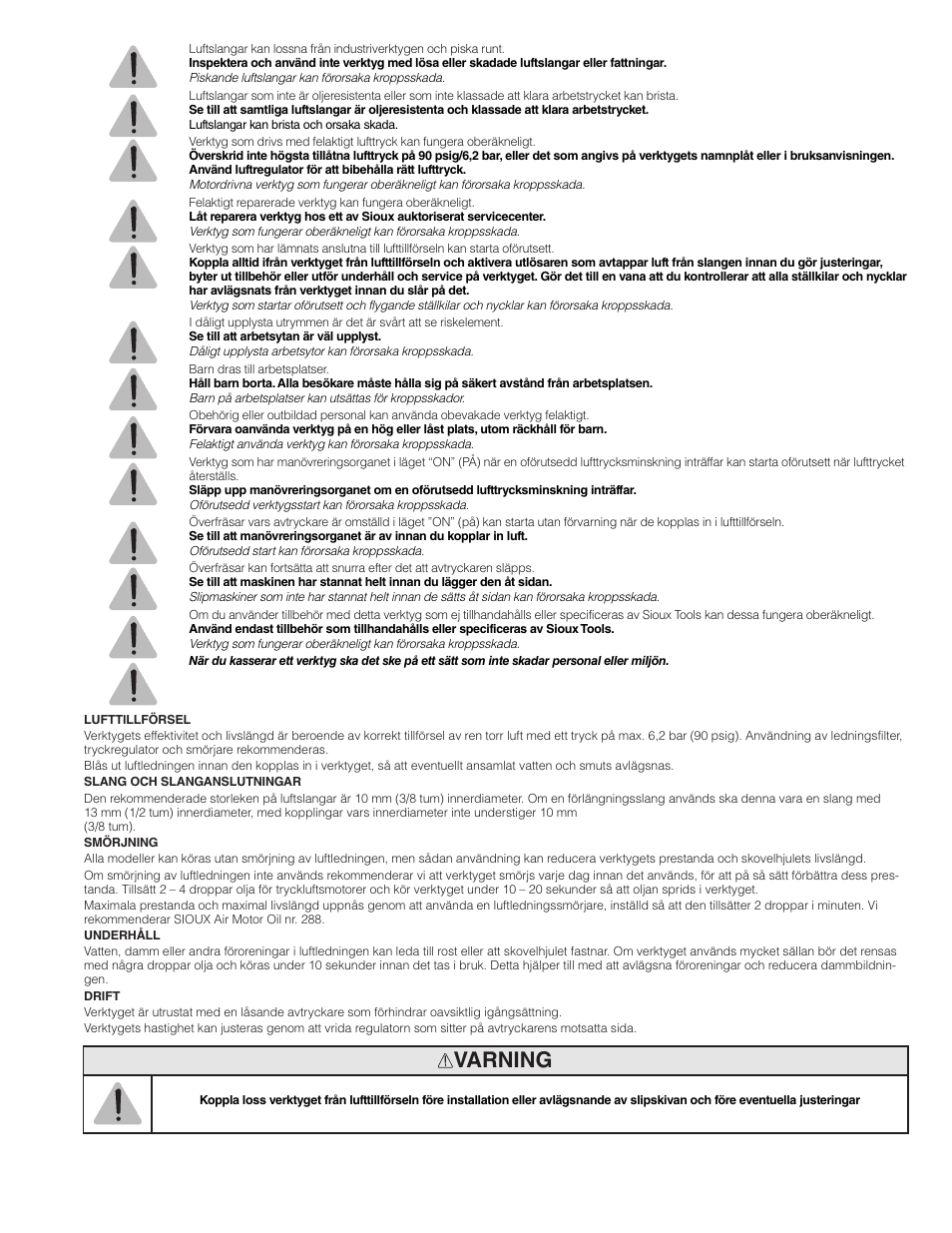 Varning | Sioux Tools SRT10S User Manual | Page 20 / 27