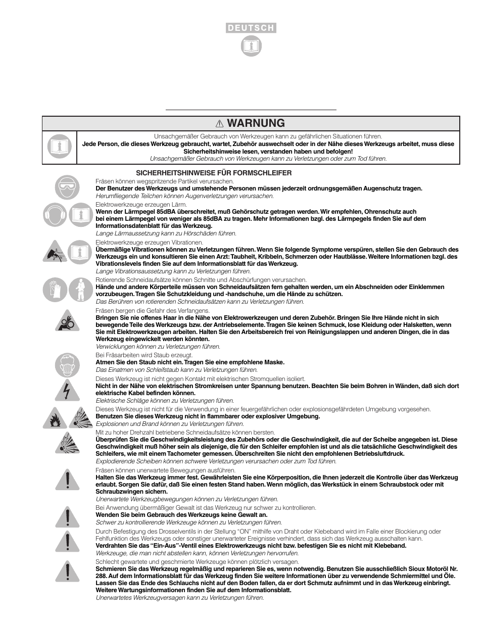 Warnung | Sioux Tools SRT10S User Manual | Page 4 / 27