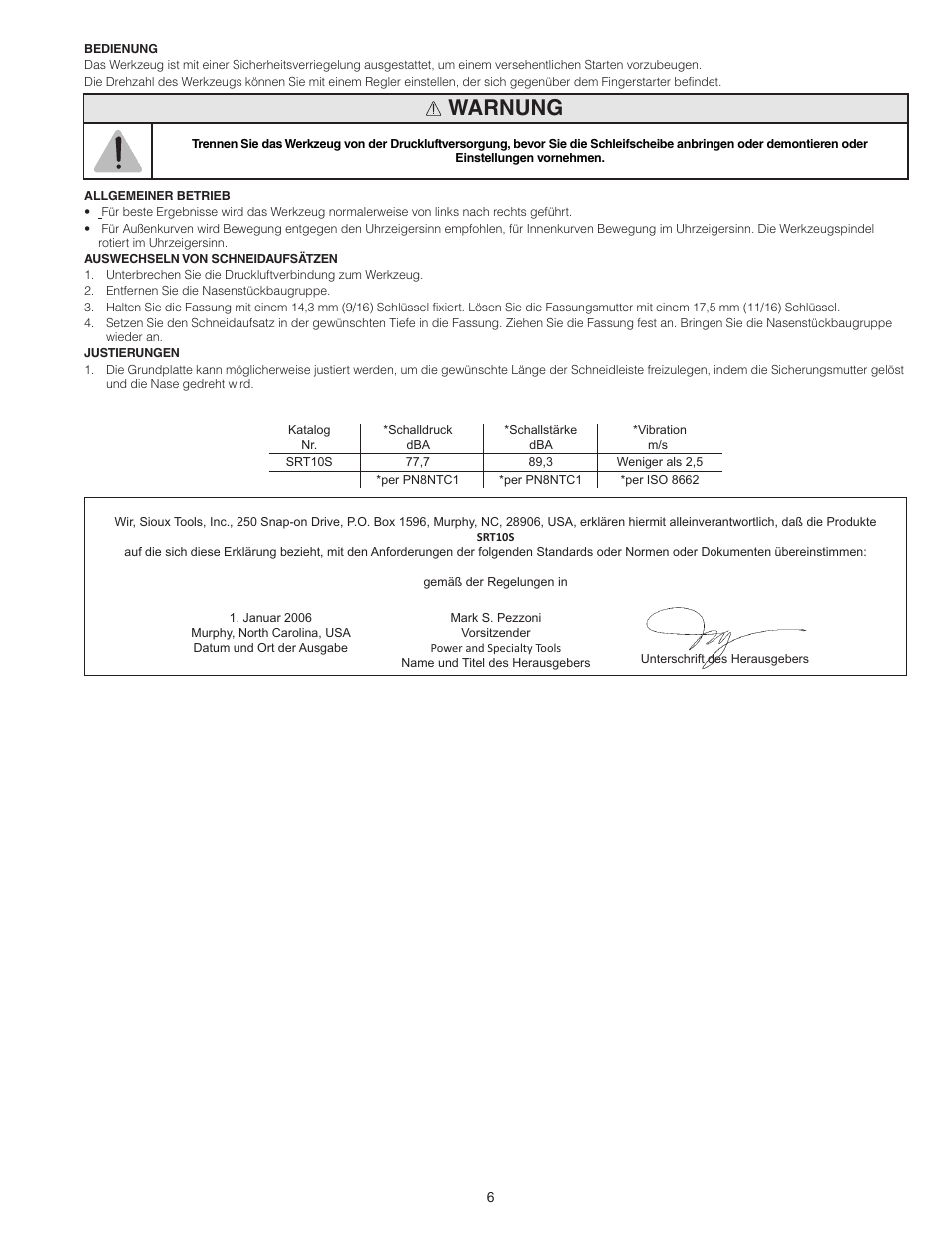 Warnung | Sioux Tools SRT10S User Manual | Page 6 / 27