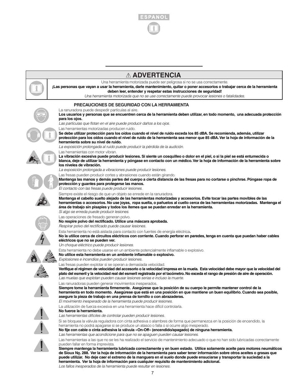 Advertencia | Sioux Tools SRT10S User Manual | Page 7 / 27