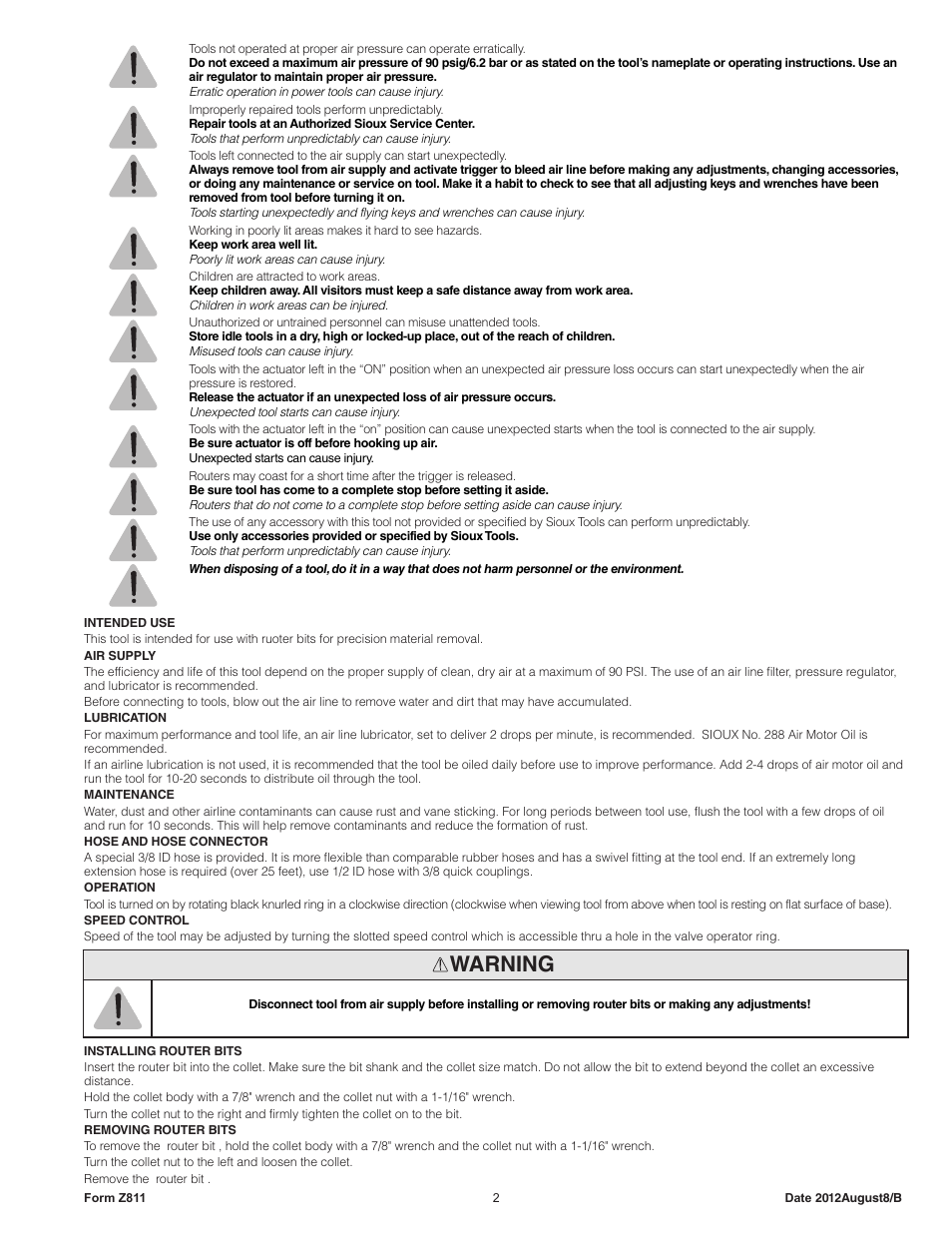Warning | Sioux Tools 1982A User Manual | Page 2 / 5