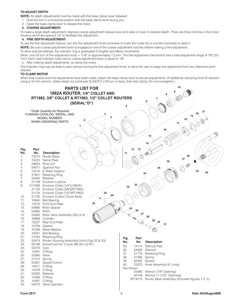 Parts list for 1982a router | Sioux Tools 1982A User Manual | Page 3 / 5