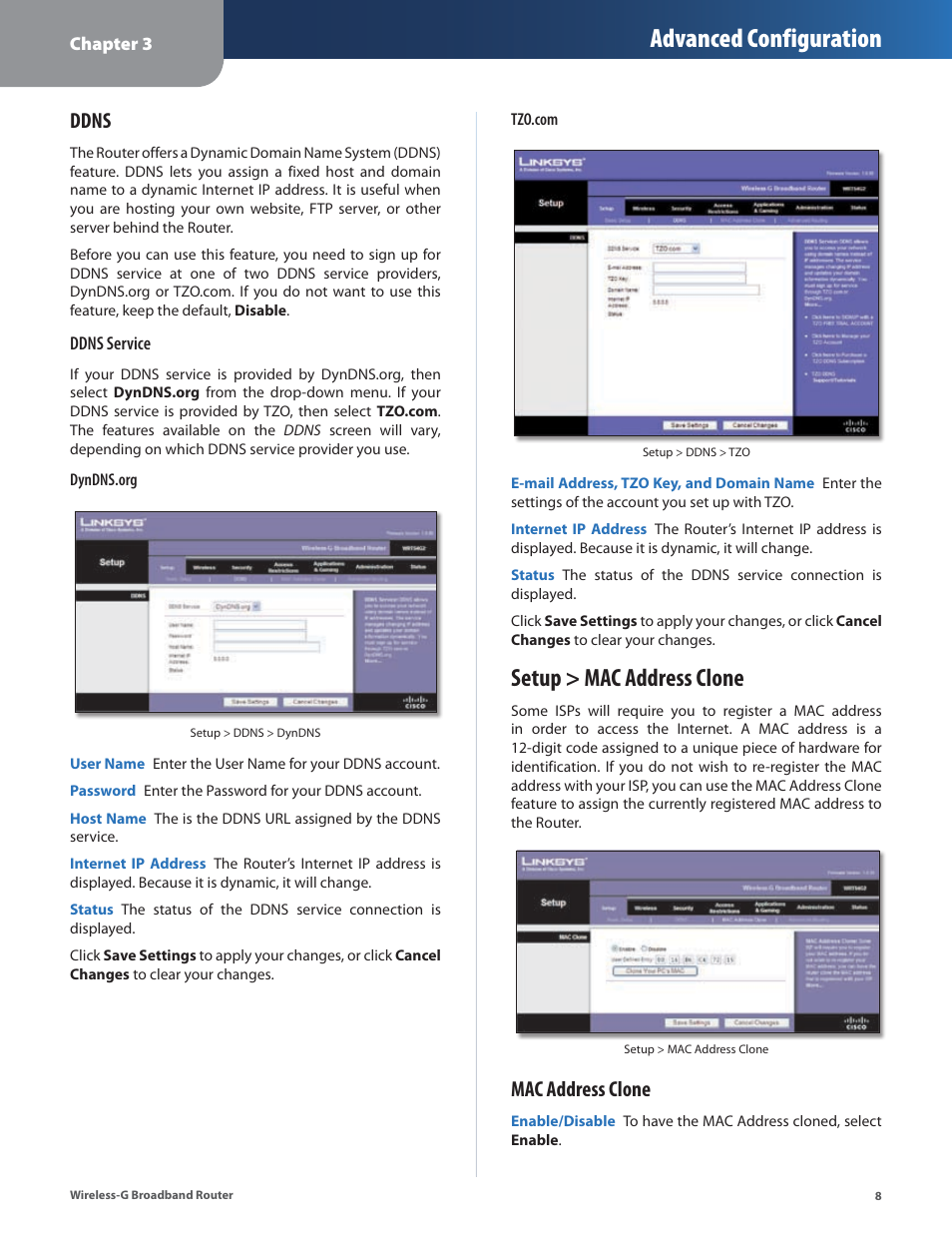 Setup > mac address clone, Advanced configuration, Ddns | Mac address clone | Linksys WRT54G2 User Manual | Page 12 / 51