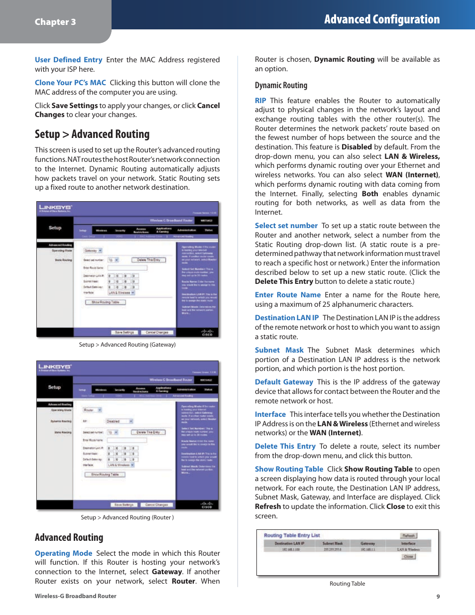 Setup > advanced routing, Advanced configuration, Advanced routing | Linksys WRT54G2 User Manual | Page 13 / 51