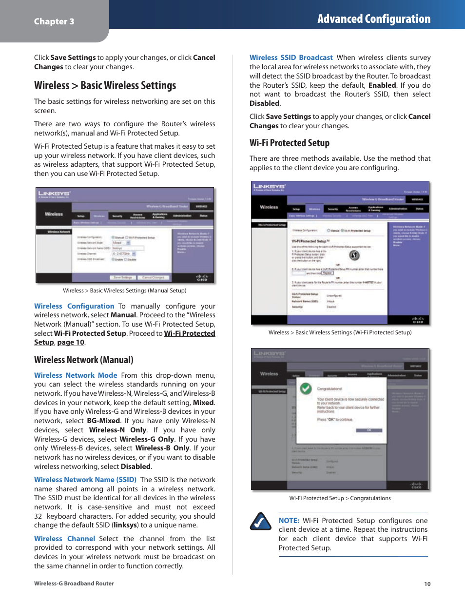 Wireless > basic wireless settings, Advanced configuration, Wireless network (manual) | Wi-fi protected setup | Linksys WRT54G2 User Manual | Page 14 / 51