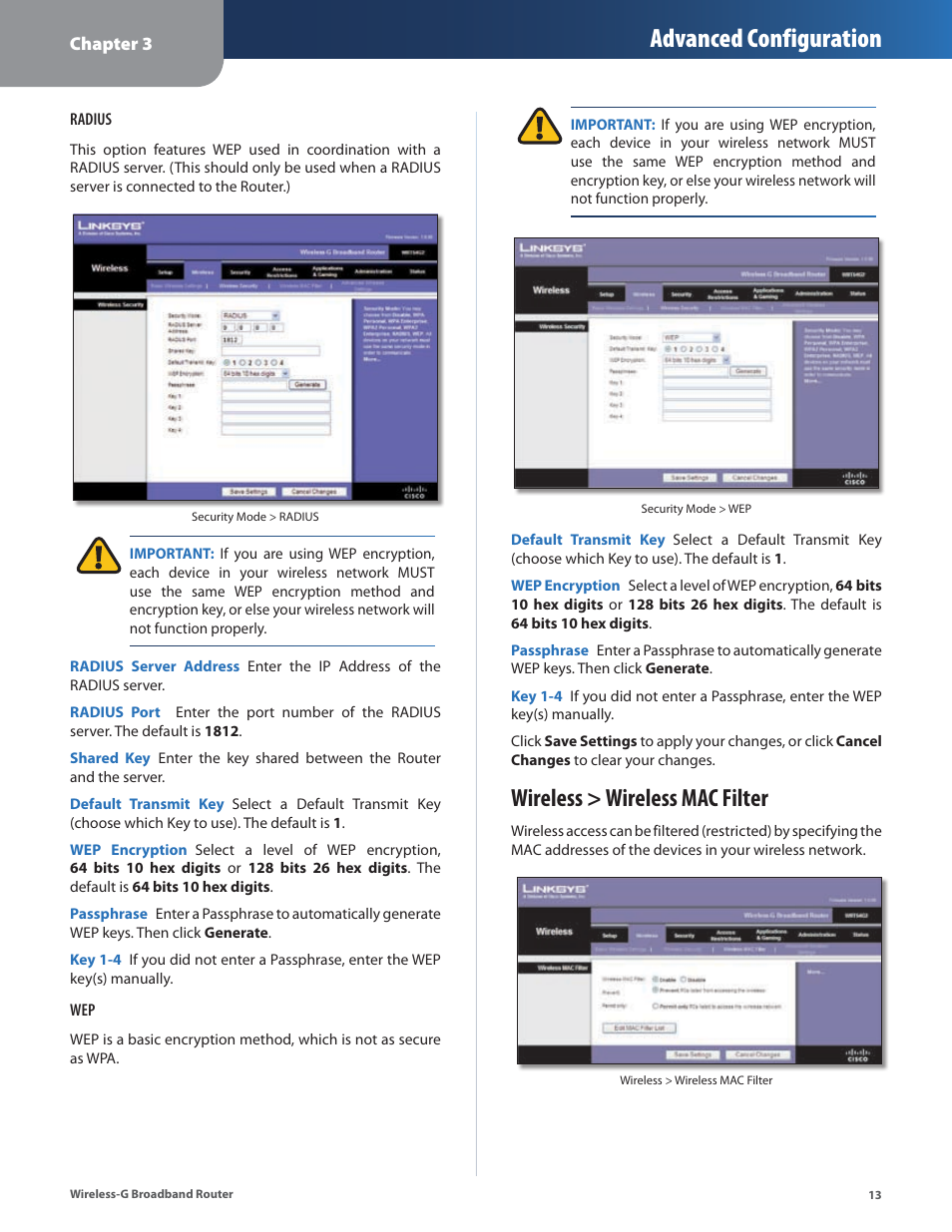 Wireless > wireless mac filter, Advanced configuration | Linksys WRT54G2 User Manual | Page 17 / 51